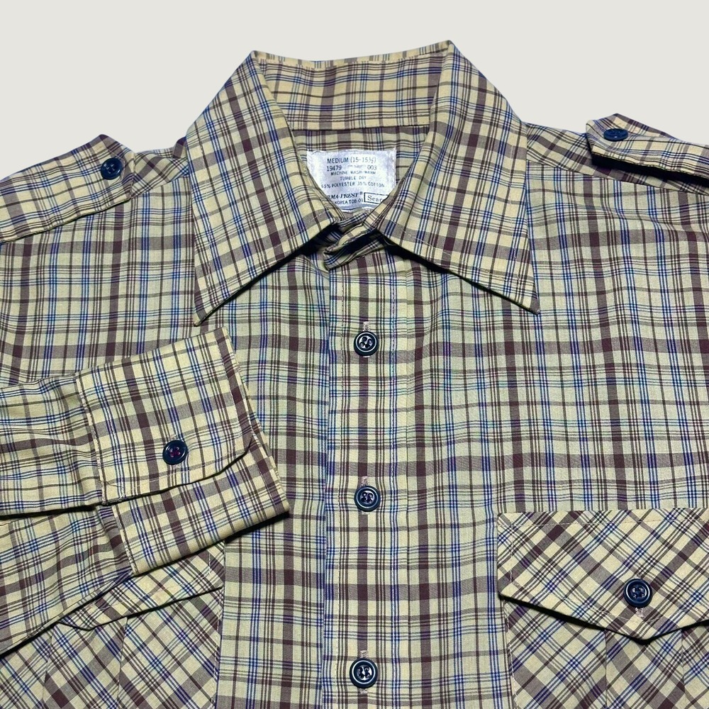 Vintage 70s 80s Sears Button Up Shirt Mens Medium Plaid Epaulet Safari Tan Brown